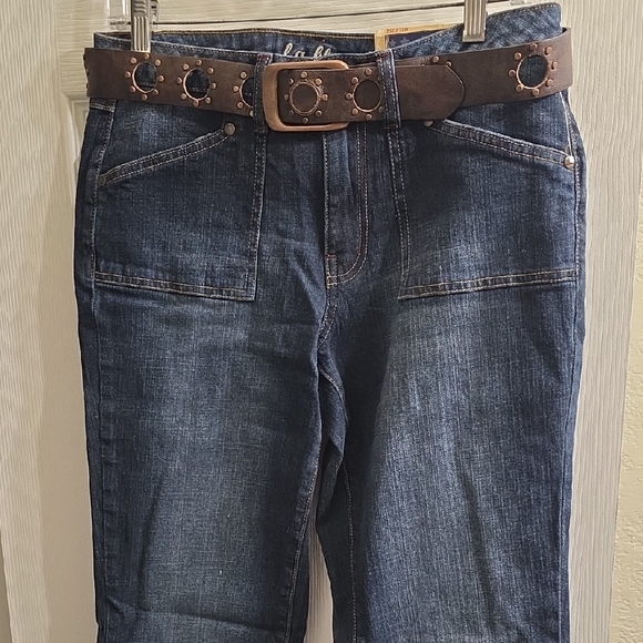 L.A. Blues Denim - L.A. Blues Women's Dark Blue Flare Jeans with Brown Studded Belt Size 8